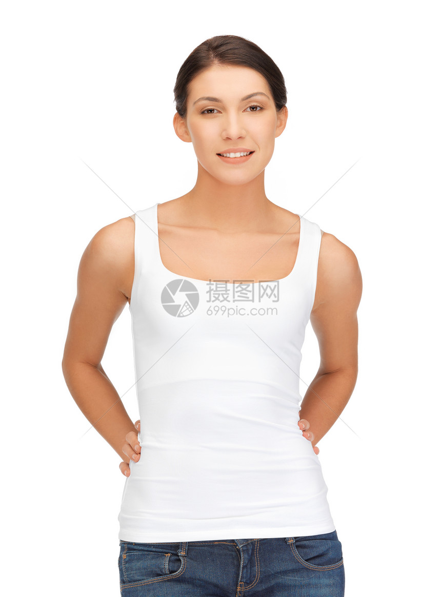 穿着白白白色T恤衫的笑着微笑的少女衬衫空白快乐女性女士学生青少年青年图片