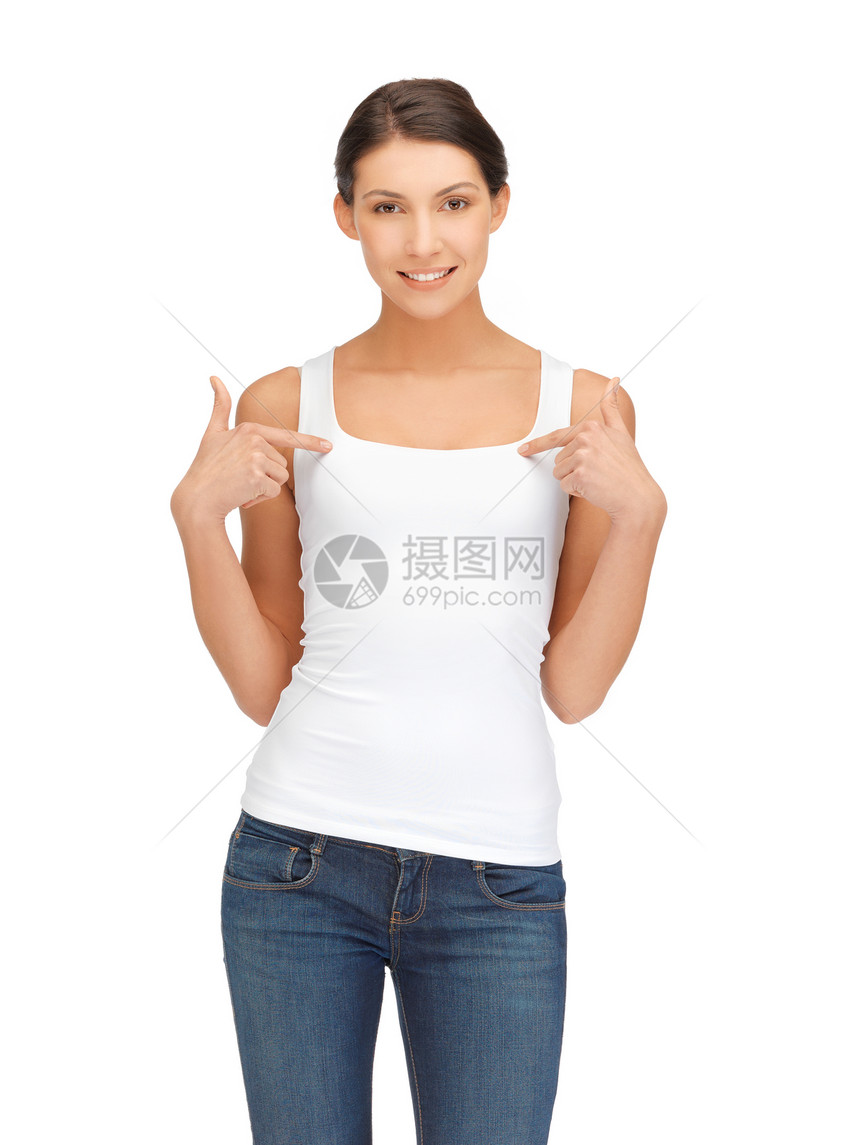 穿着白白白色T恤衫的笑着微笑的少女女士青少年青年女性衬衫快乐空白学生图片