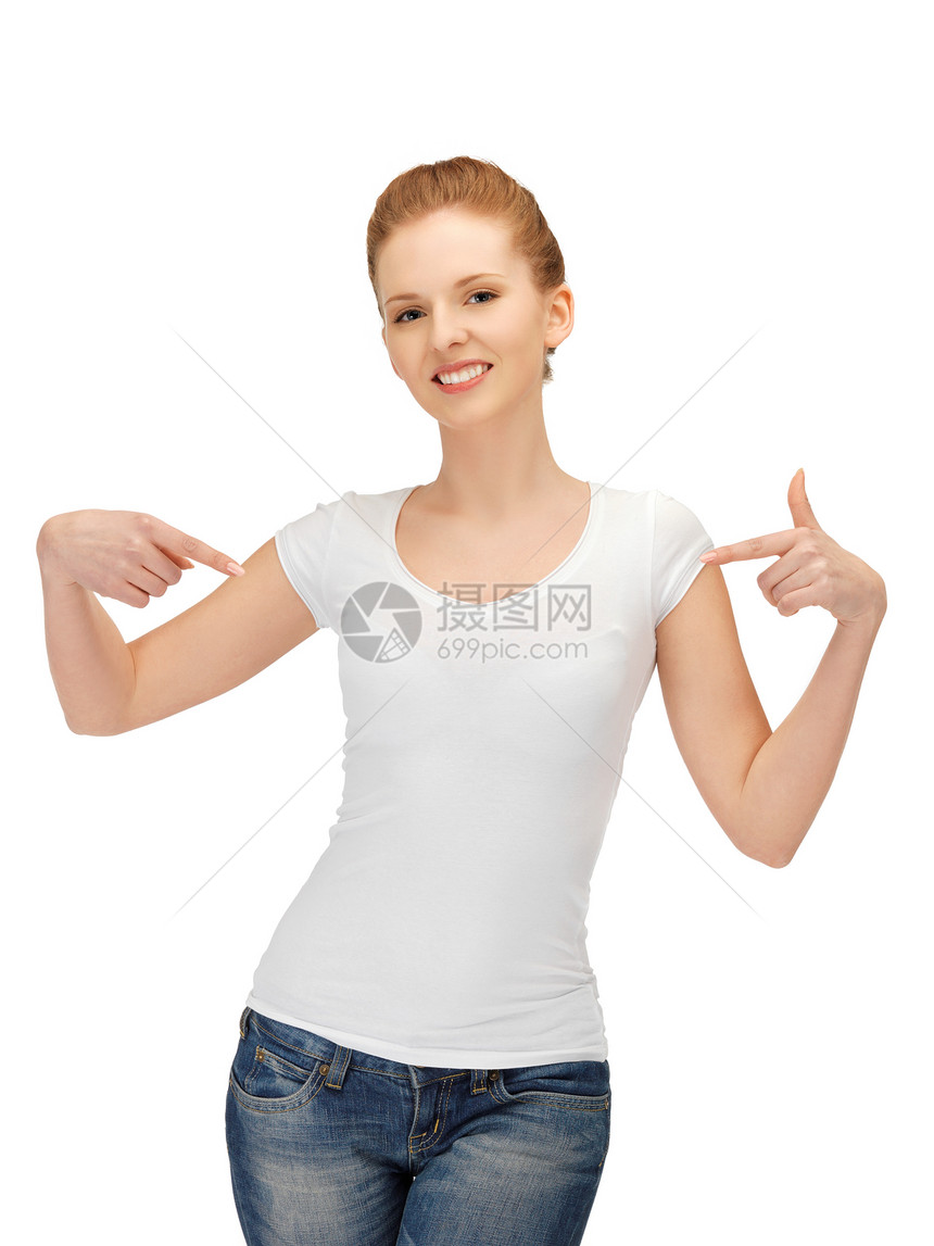 穿着白白白色T恤衫的笑着微笑的少女空白青少年女士女性青年学生衬衫快乐图片