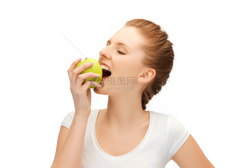 咬绿苹果的少女青少年青年饮食福利容貌女孩微笑水果活力护理图片