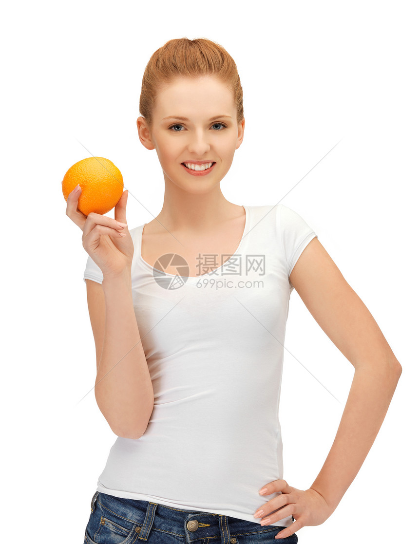 含橙色的少女活力女孩女性饮食橙子早餐食物保健维生素营养图片