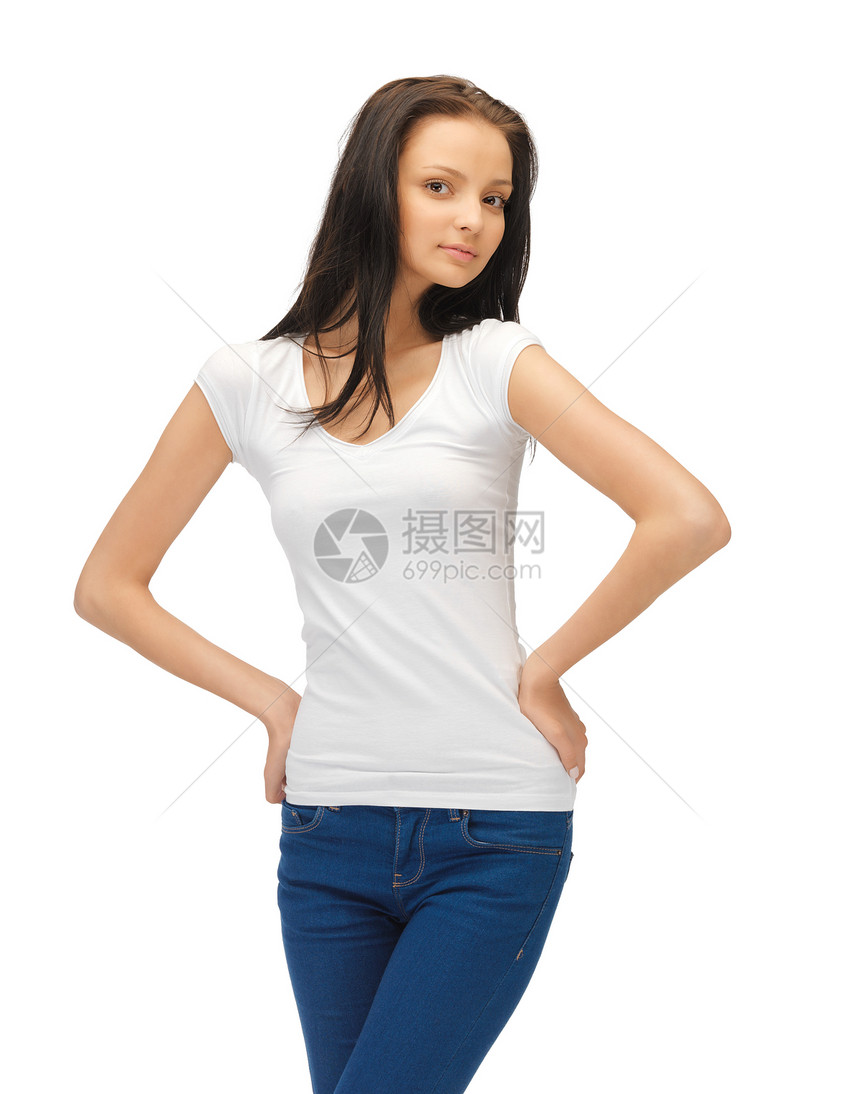 穿白白白色T恤衫的少女青年青少年女士衬衫女性学生工作室图片