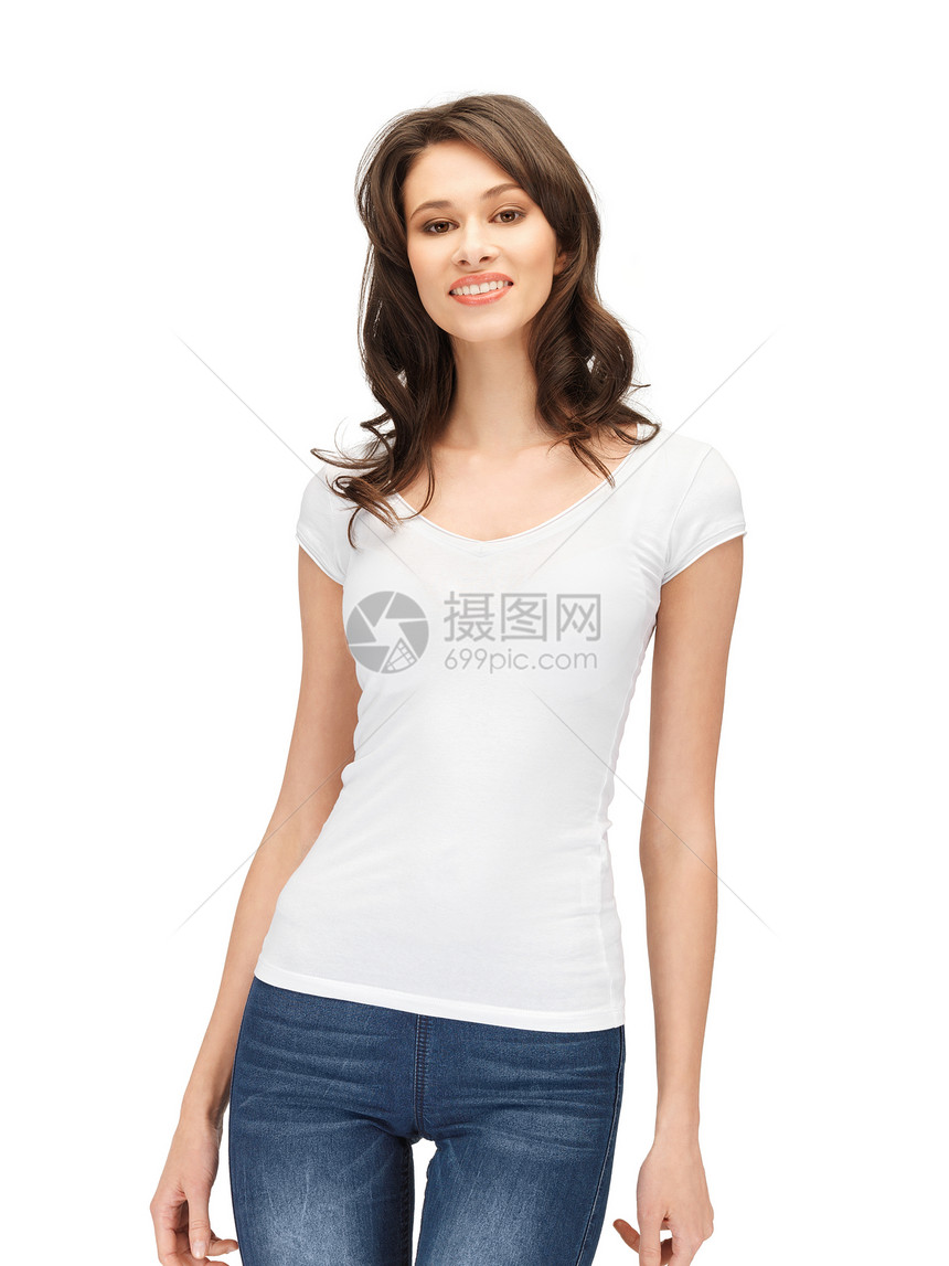 穿着白白白色T恤衫的笑着微笑的少女学生女性衬衫青少年快乐青年空白女士图片