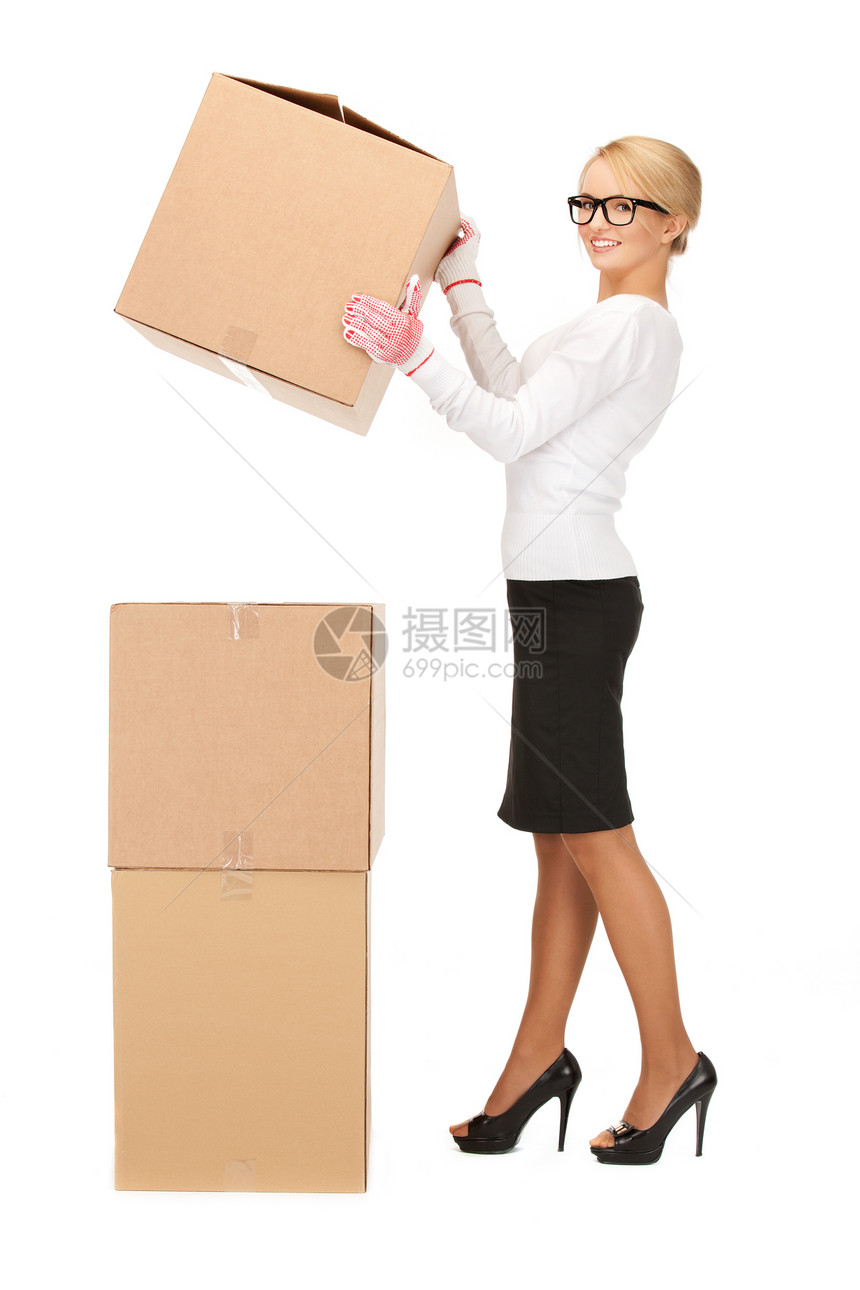 拥有大箱子的女商务人士集装箱女孩商业命令包装盒子运输纸板服务纸盒图片
