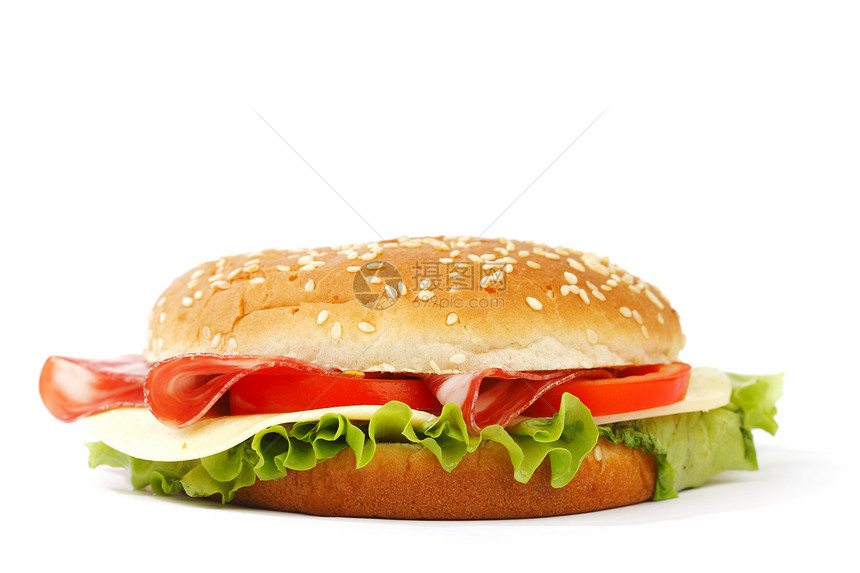 白上孤立的芝士汉堡小吃面包美食蔬菜饮食包子野餐晚餐熏肉种子图片