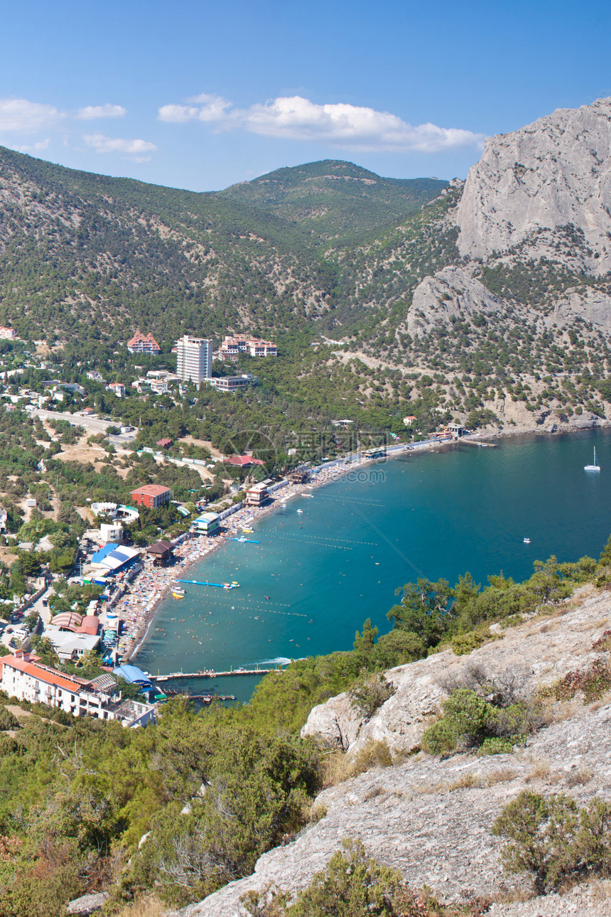 Sudak海滩 黑海 乌克兰 黑海山脉蓝色海岸旅游旅行全景石头天线支撑海洋图片