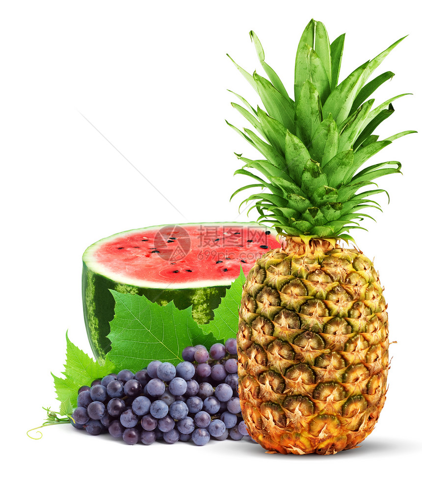 丰富多彩的健康新鲜水果养分热带菠萝植物酒厂藤蔓果汁小吃叶子白色图片