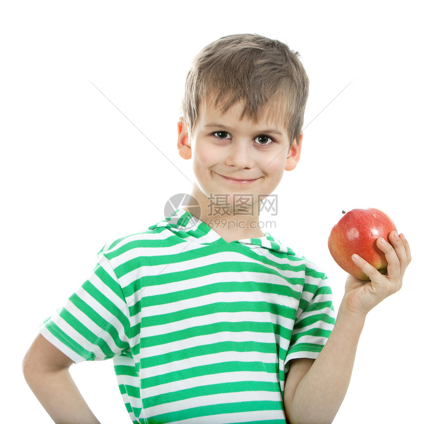 男孩拿着苹果红色飓风水果孩子头发眼睛乐趣白色青年小吃图片