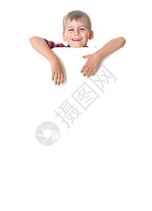 男孩拿着横幅快乐白色海报幸福童年水平推介会框架友谊标语背景图片