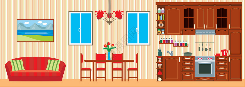 案例解析厨房家具 内部房子茶壶用餐柜台案例壁橱建筑学产品杯子奢华插画