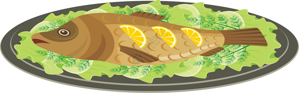 烤鱼餐厅和烤鱼一起吃餐具食物午餐鲤鱼草本植物蔬菜柠檬酱料茴香插图插画