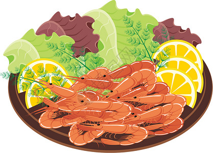 虾虾和蔬菜中的小菜餐厅沙拉美食柠檬盘子酱料海鲜香料草本植物午餐插画