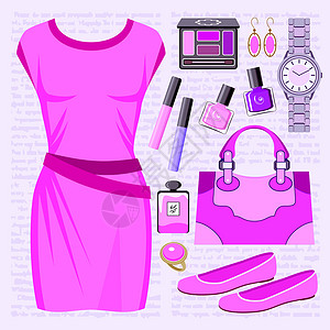 耳环素材背景时装布置 随身衣着粉红色背景衣服舞鞋香水裙子粉色女士插图精品插画
