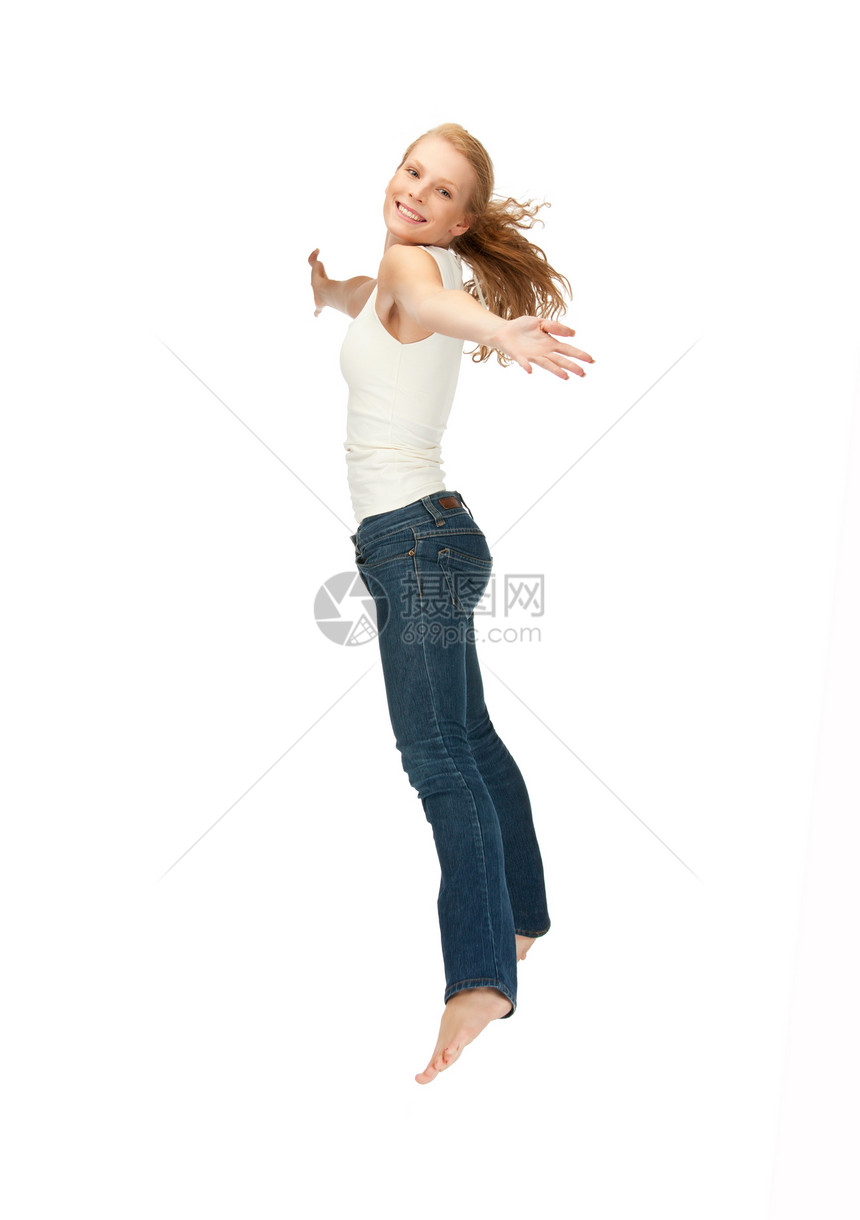 穿白白白色T恤衫的少女中空气女士航班跳跃青少年衬衫快乐学生飞行乐趣图片