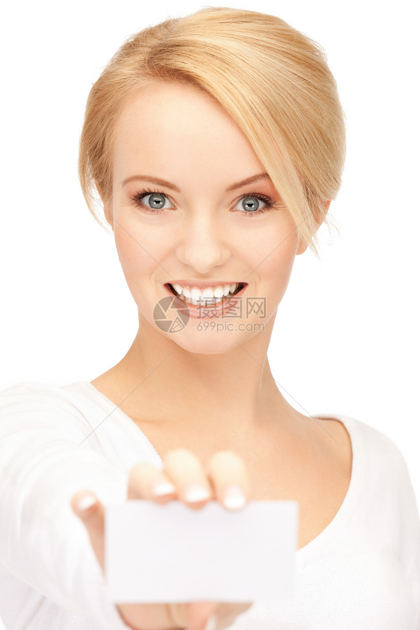 具有商业名片的有吸引力的女商务人士人士商务卡片白色女性女孩空白快乐广告微笑图片