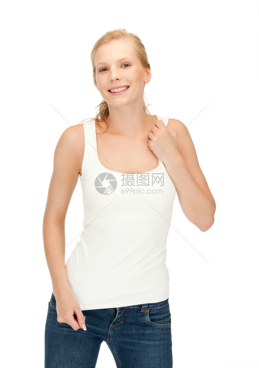 穿着白白白色T恤衫的笑着微笑的少女女性青年学生女士衬衫空白青少年快乐图片
