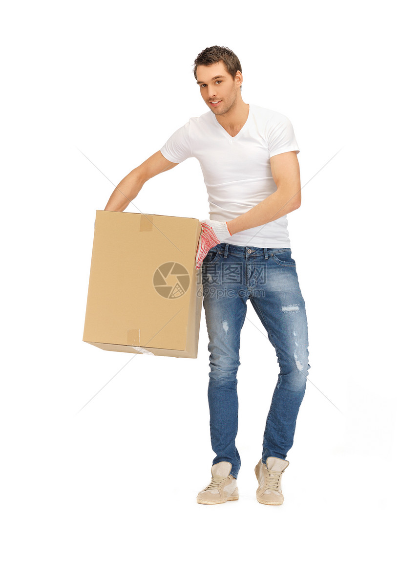 长着大盒子的帅帅帅男人包装工人微笑男性小伙子商业运输学生船运销售量图片