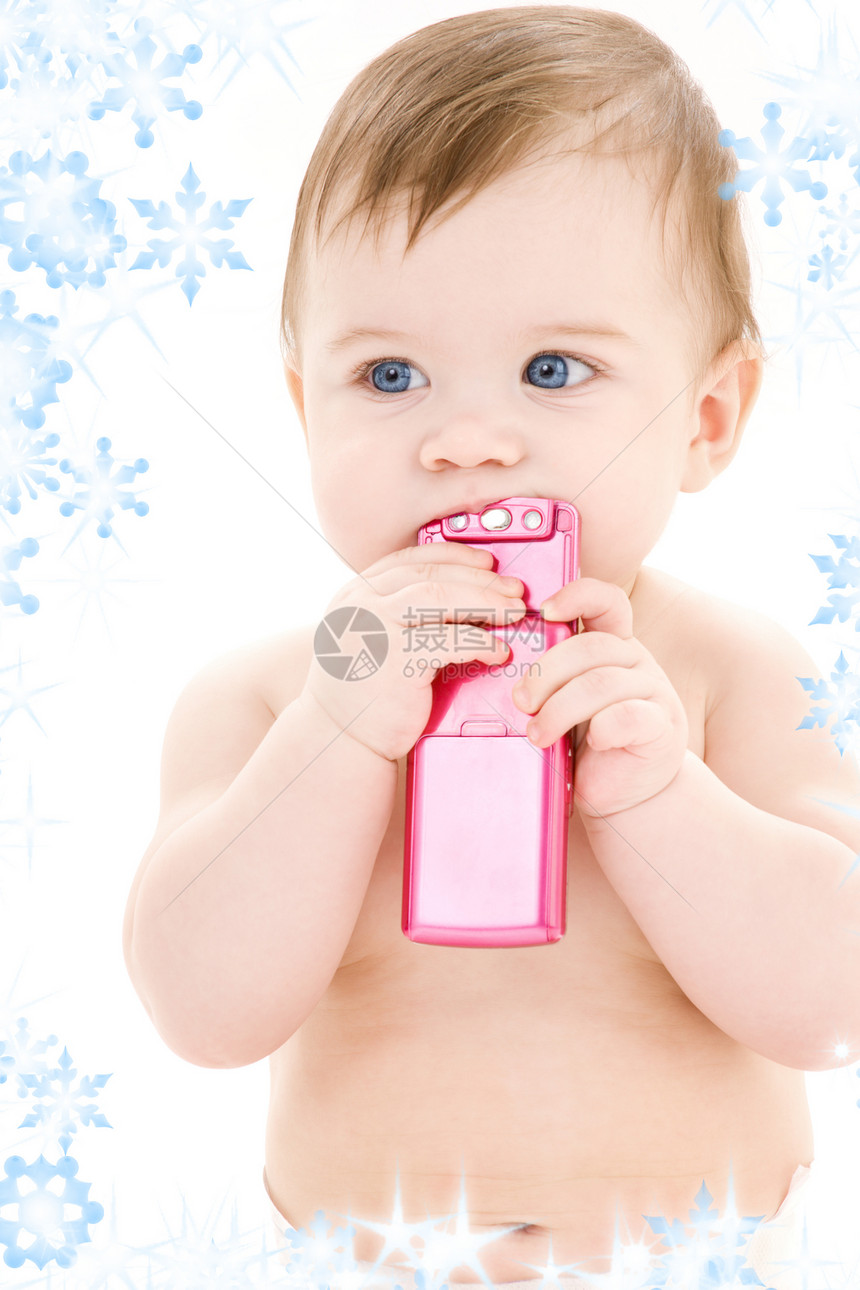 带有移动电话的婴儿技术生活电话孩子青少年沉思手机童年雪花尿布图片