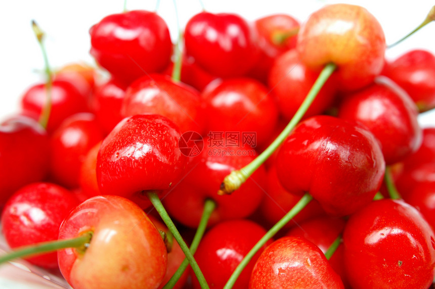樱桃水果红色绿色美食食物宏观叶子白色浆果工作室甜点图片