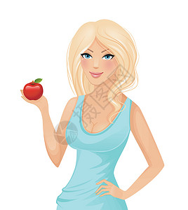 美丽从手开始美丽的金发美女 红苹果插图饮食头发艺术食物消费者生态女孩微笑女性插画