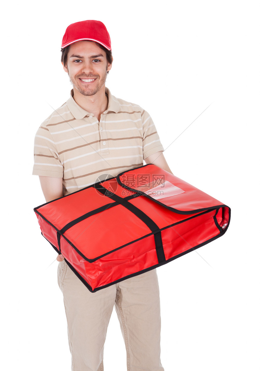 带热袋的比萨送披萨男孩帽子食物职业衣服纸盒青少年纸板裙子工作男性图片