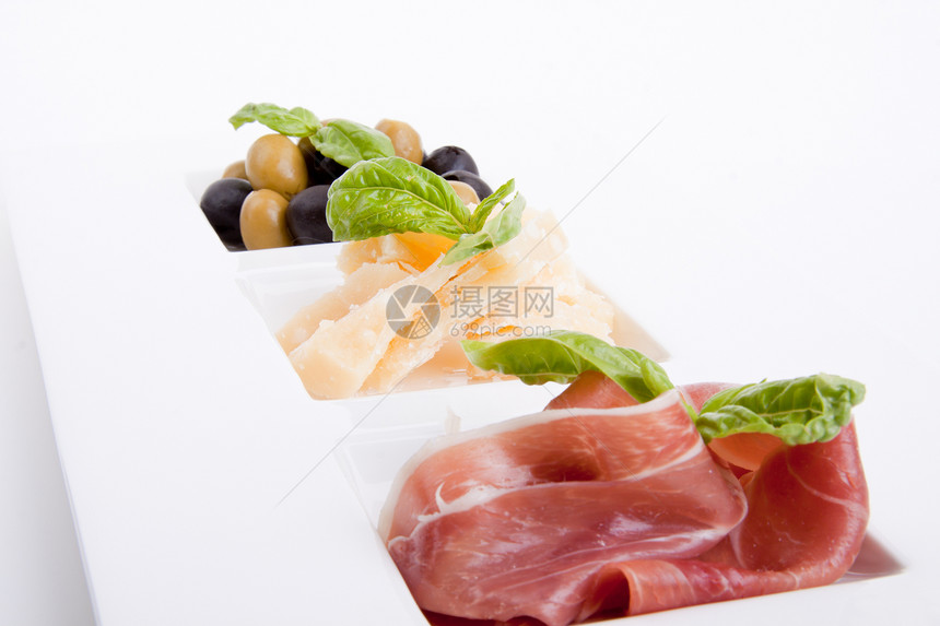 配有瓜美面粉和橄榄的美味抗粘糊剂板猪肉美食蔬菜小吃午餐食物奶制品起动机点心乡村图片