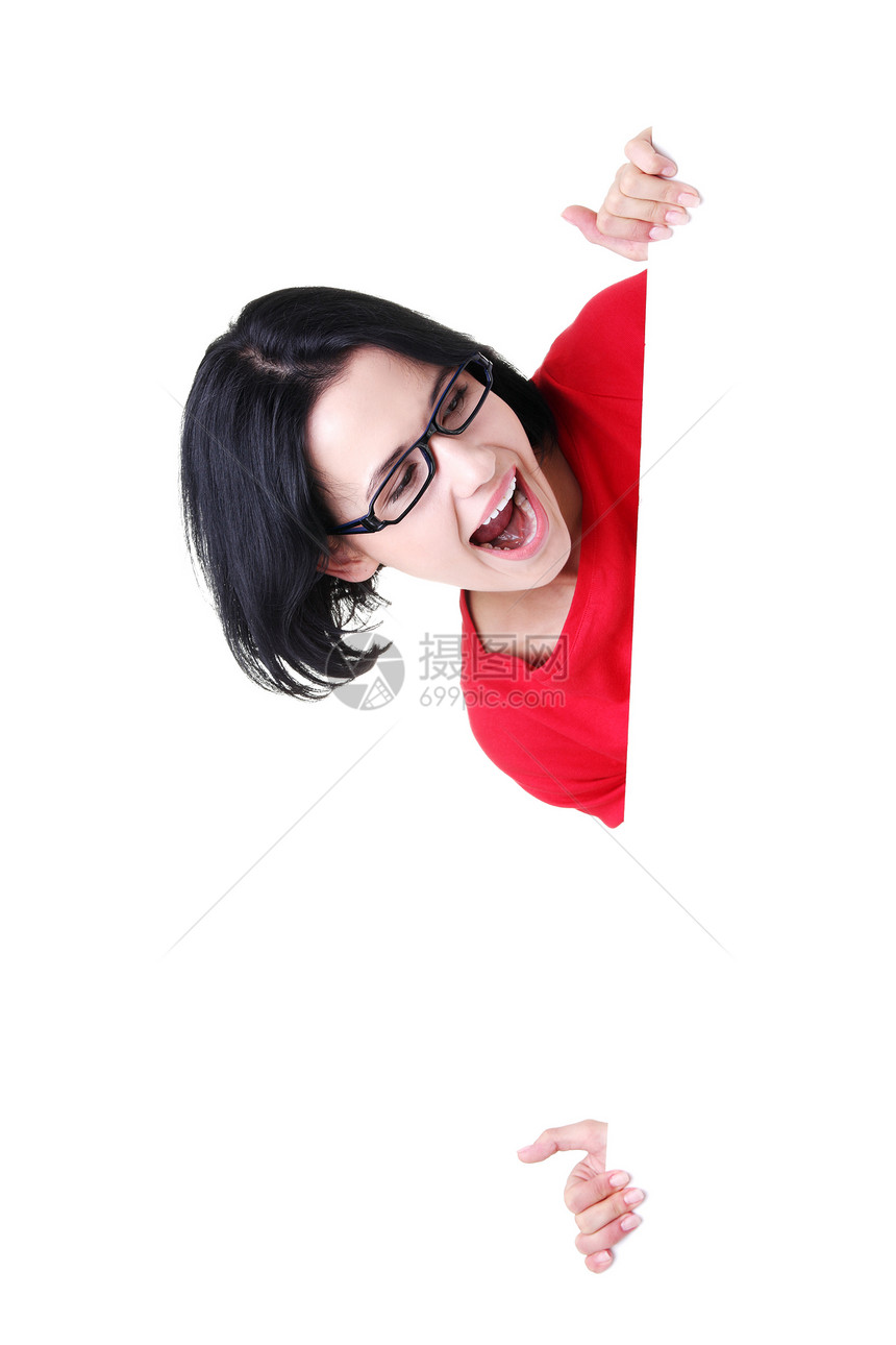 带空白板的快乐女人展示女士招牌木板管理人员海报白色广告牌推介会微笑图片