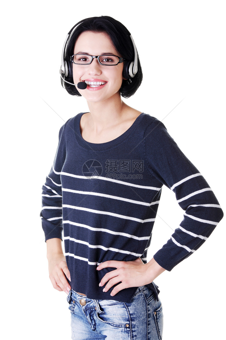 有吸引力的客户支持代表特写工作快乐服务台电话销售服务推销顾问顾客麦克风中心图片