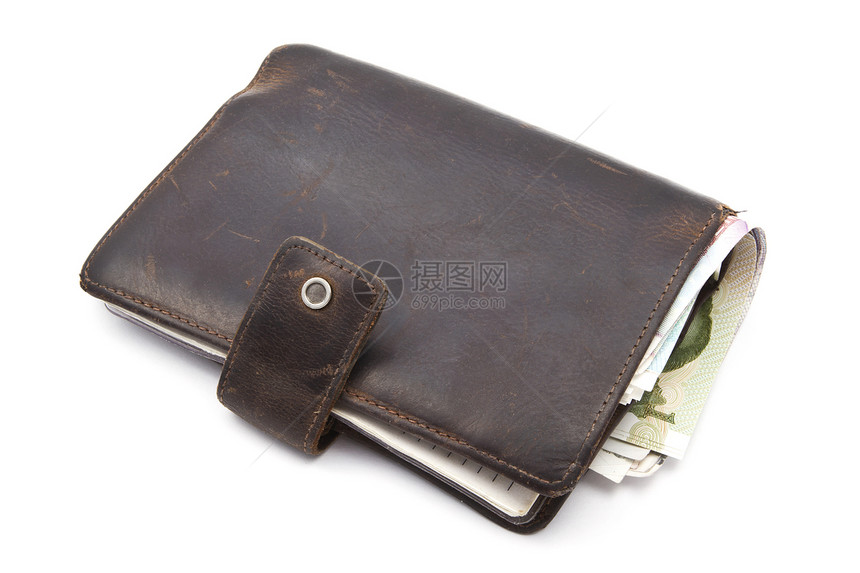 带货币的棕色钱包小路口袋皮夹信用白色卡片商业支付皮革购物图片