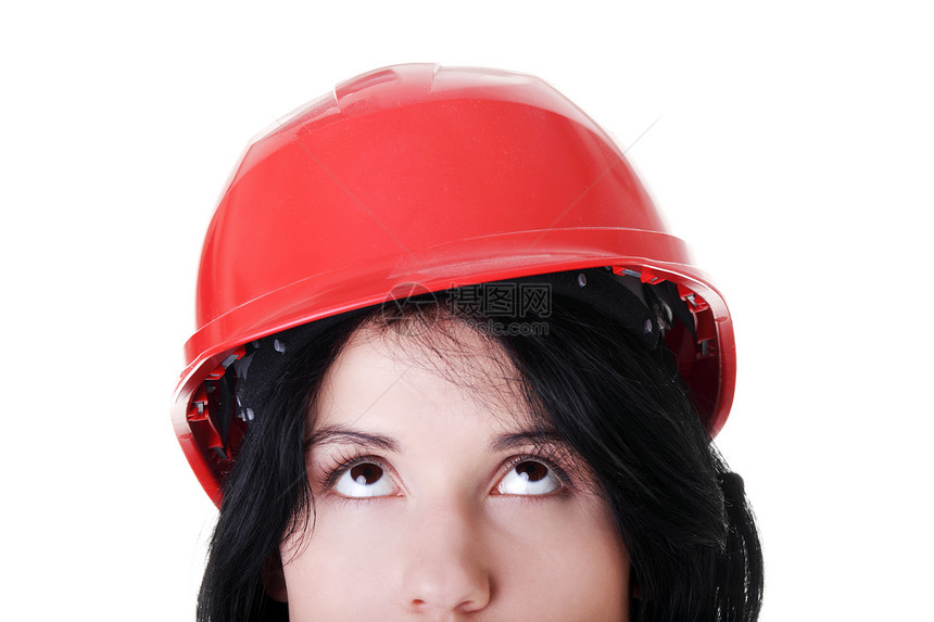 戴头盔的自信女性工人抬头寻找建筑学工程师企业家承包商工程衣领商业工作经理帽子图片