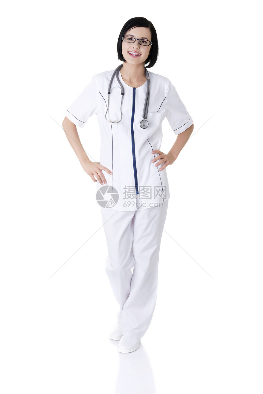 护士或年轻的医生站在微笑职业商业治疗从业者药品女士考试诊所学生疾病图片