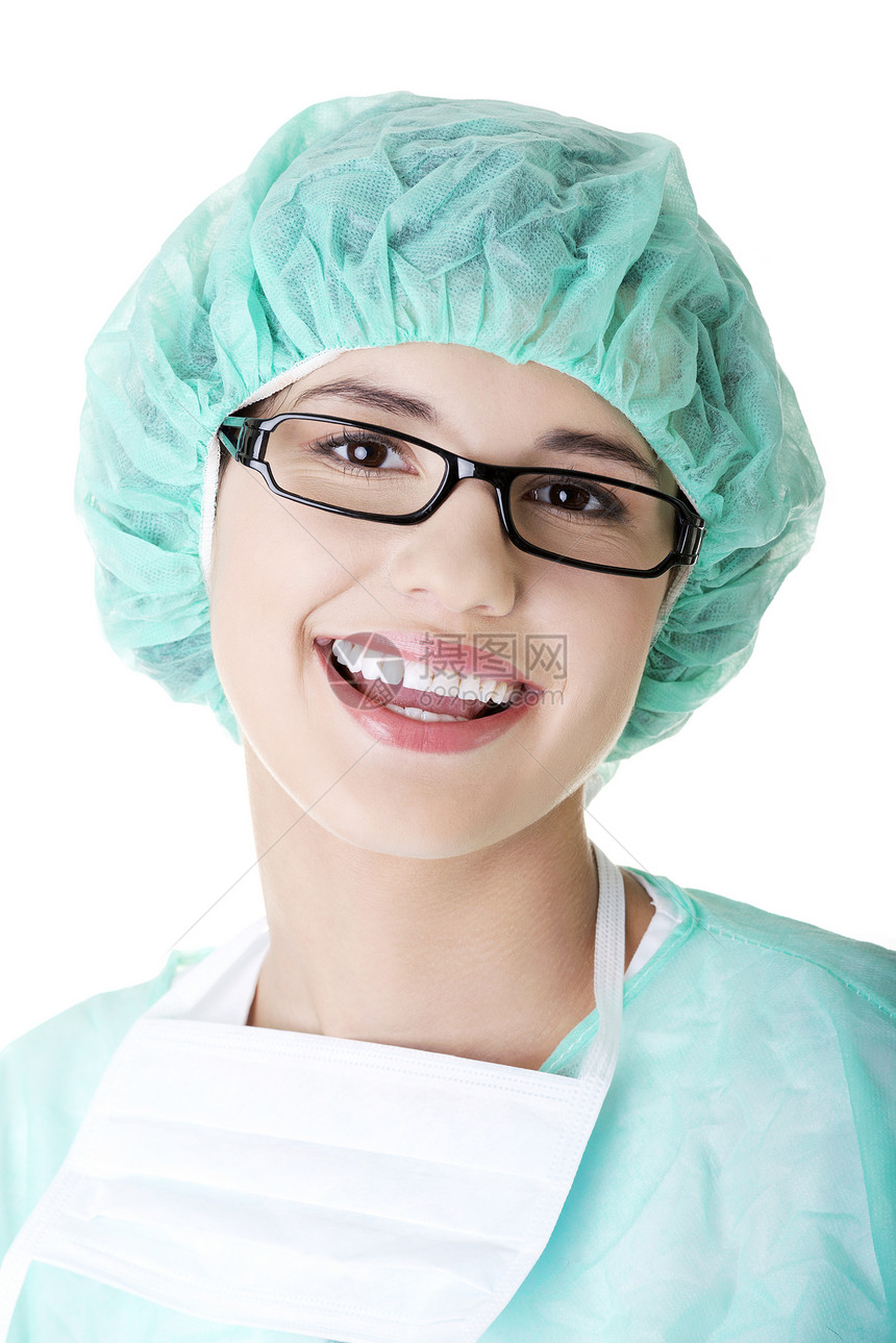 带面具和帽子的医生或护士药品蓝色保健女性助手职业手术专家女士手套图片