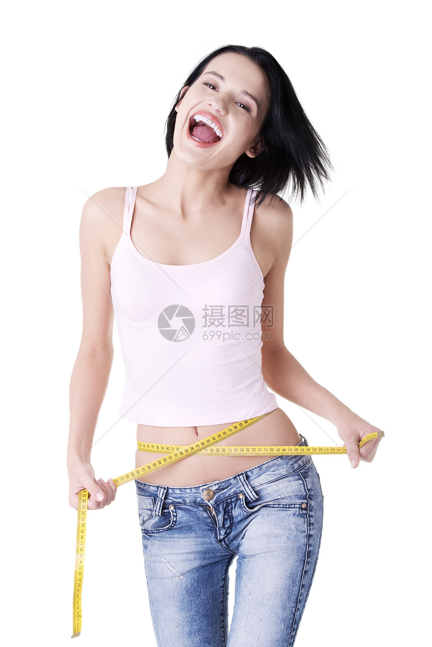 测量腰部的年轻女子身体工作室损失女孩重量磁带数字组织饮食女性图片