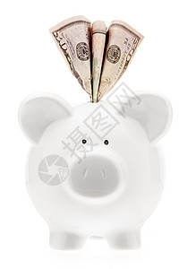 带纸钞的猪银行债务农场账单存钱罐经济白色硬币投资货币利润背景图片