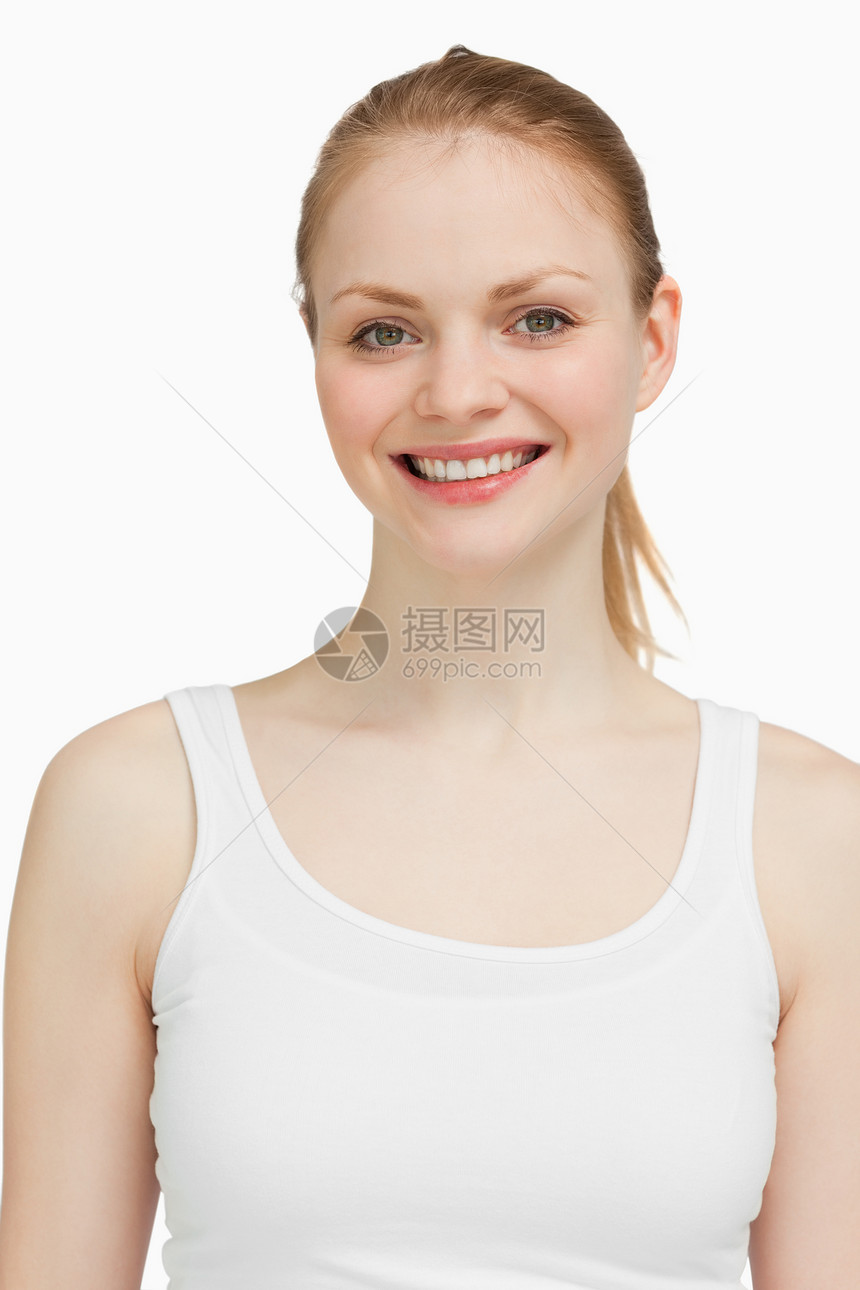 快乐的金发金发女人微笑金发女郎女士头发吸引力女性白色图片