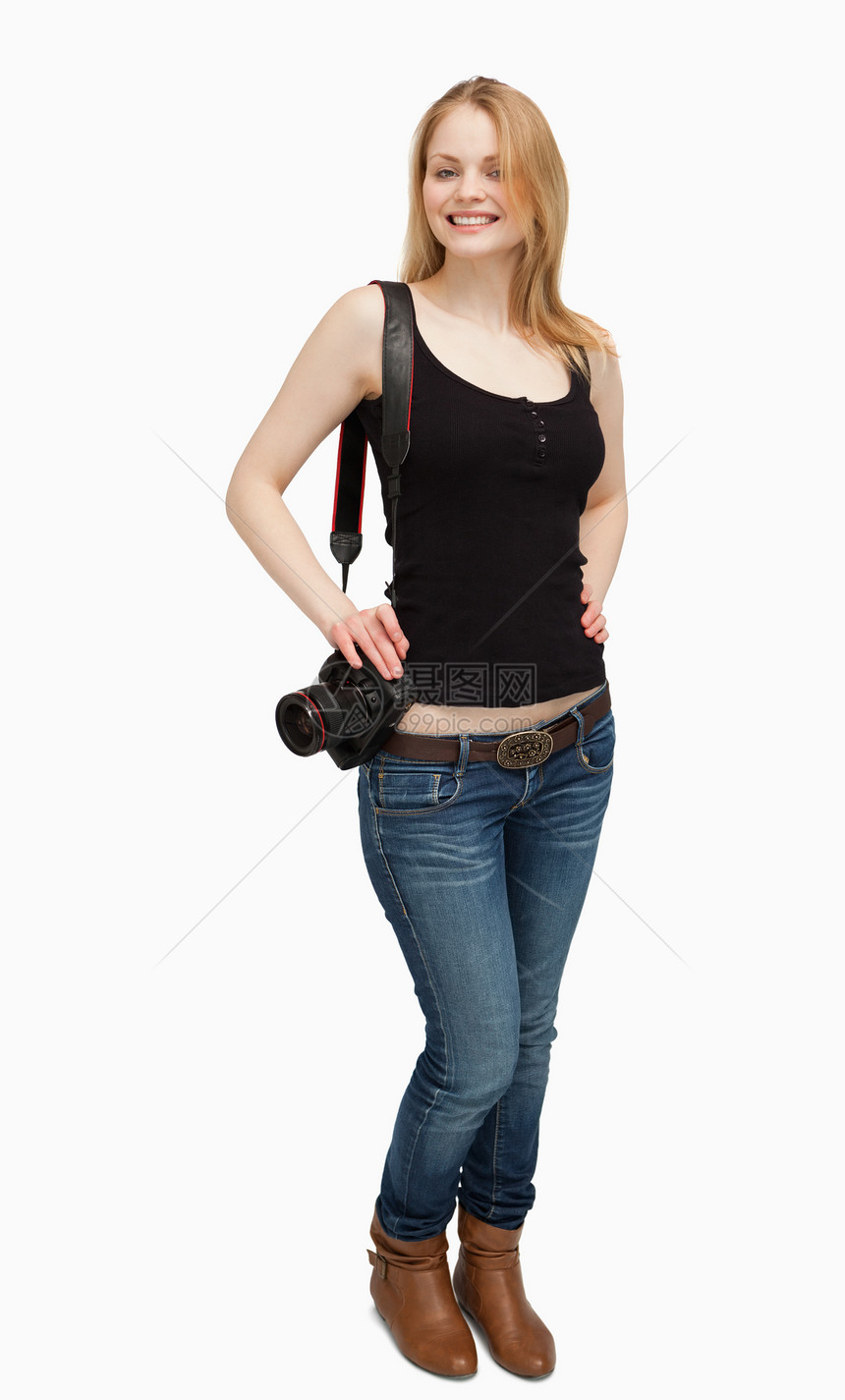 开心的女士拿着相机图片