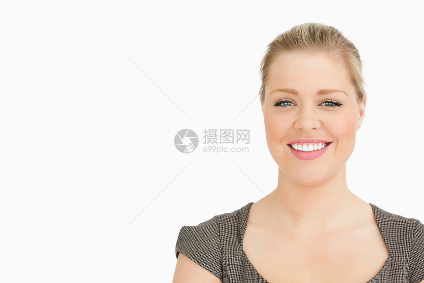 金发女人微笑眼睛头发裙子白领女性快乐管理人员商务浅色套装图片