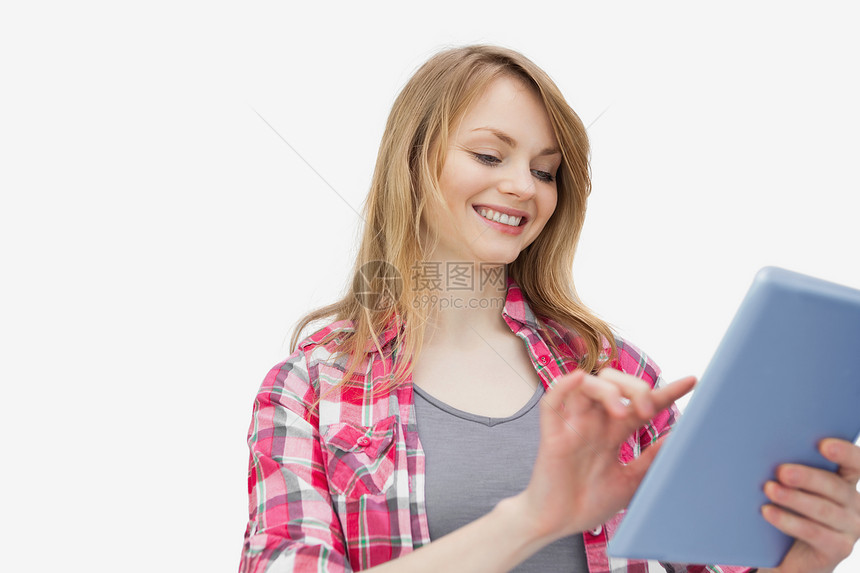 妇女触摸平板电脑图片