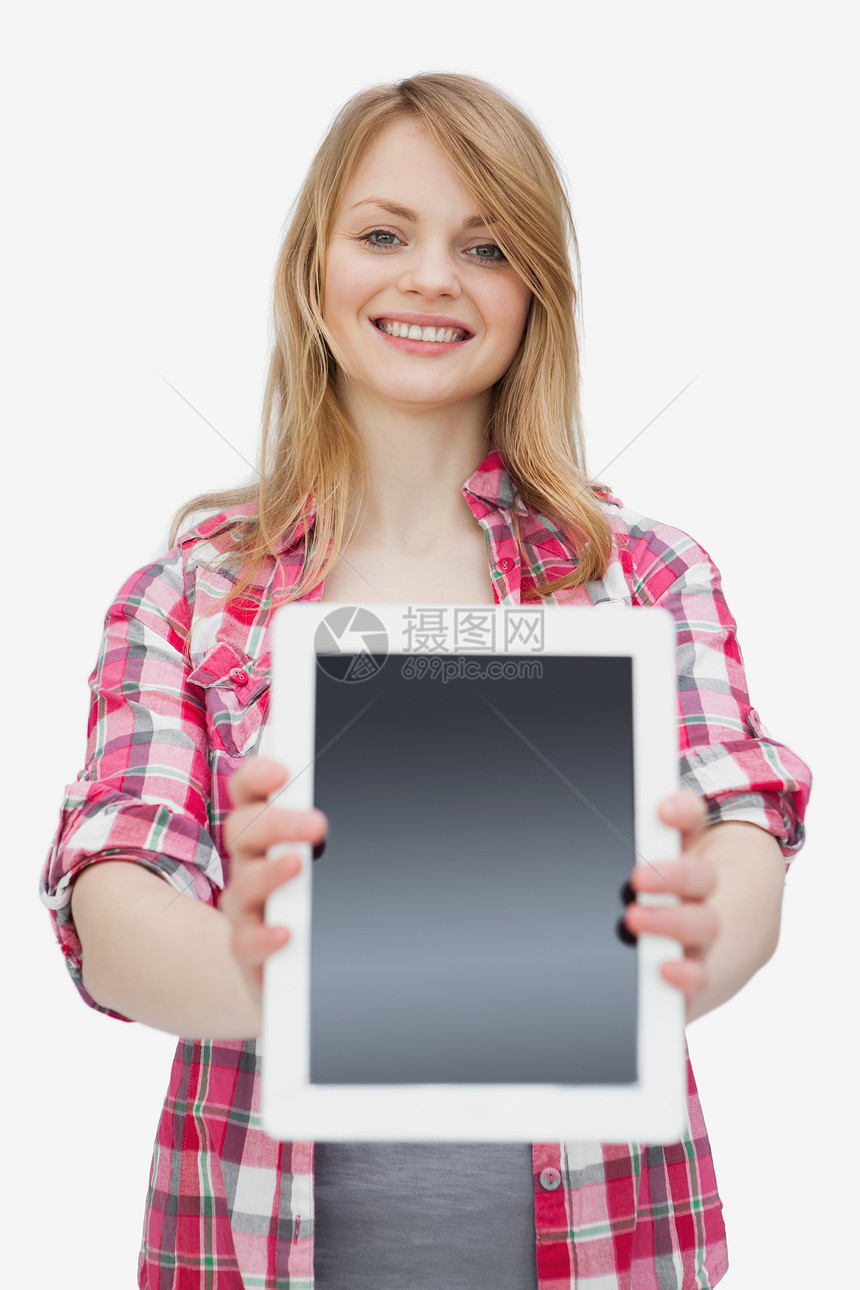 显示平板电脑的妇女金发微笑药片娱乐电子书眼睛女性触摸屏浅色喜悦图片