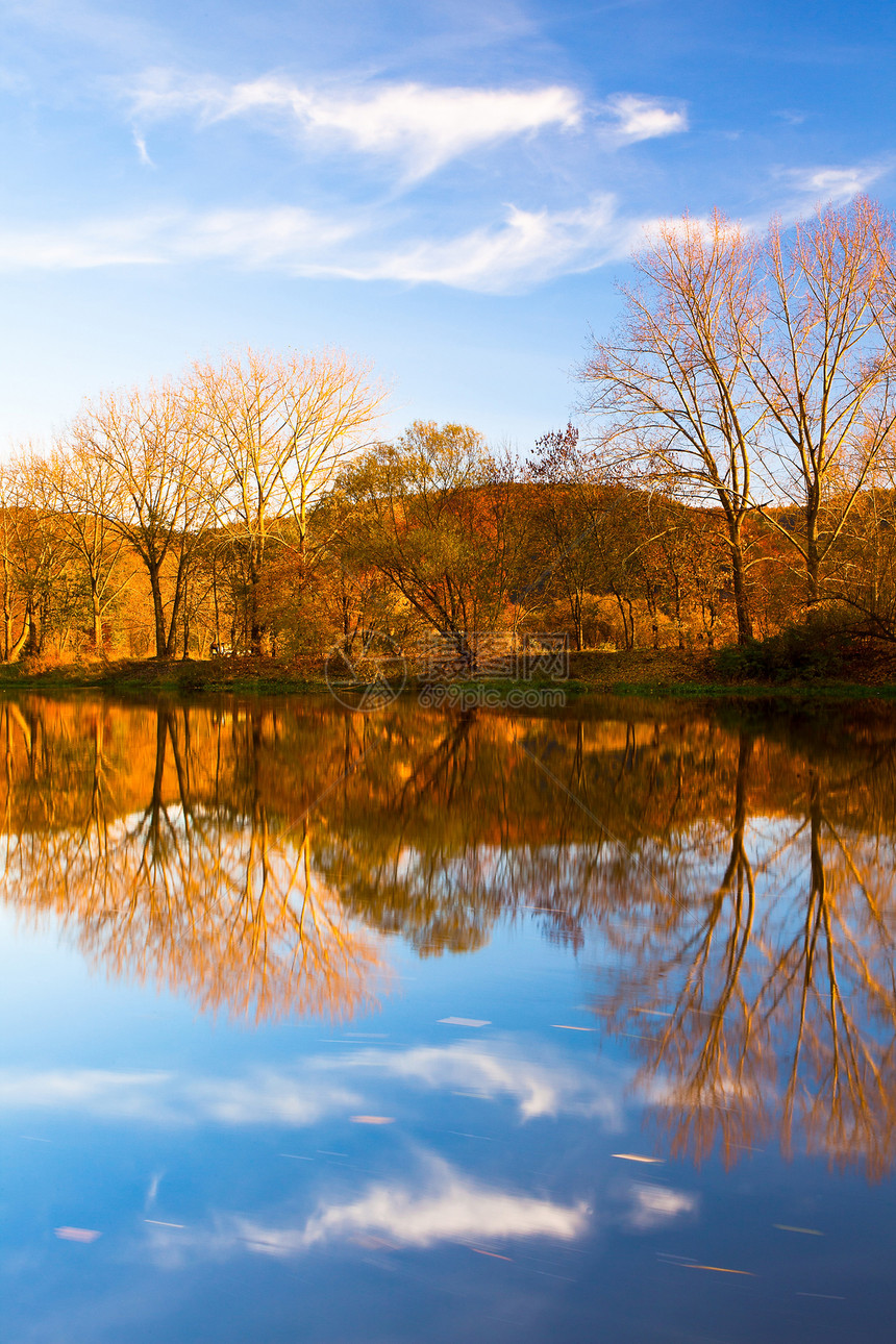 秋季河生态美丽镜子天空反射池塘石头衬套全景旅行图片