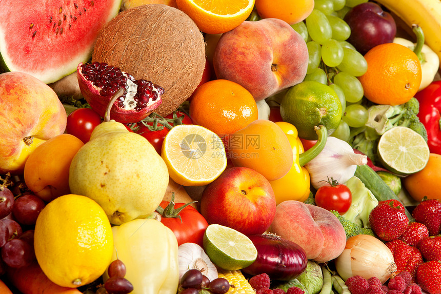 大量新鲜蔬菜和水果大群菠萝胡椒食物浆果香蕉团体李子椰子石榴石橙子图片