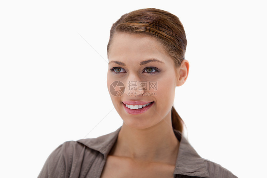 美丽的微笑的年轻女子喜悦外表快乐白色女性幸福图片