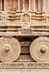 维塔拉寺庙的石马车 印度卡纳塔克州哈皮文明轮子建筑学雕塑石头废墟雕刻背景图片