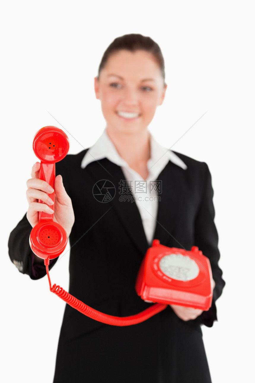 穿着红电话服的有吸引力的女人图片