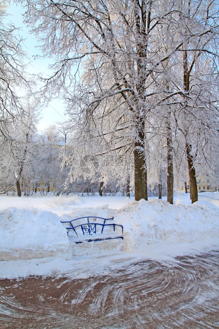 城镇公园中的木板凳季节场景地平线车道街道紫色天气风景桌子滑雪图片