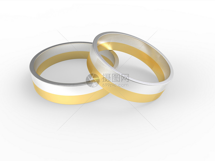 白色背景的金银婚戒和银银婚戒被孤立妻子夫妻婚姻订婚宏观珠宝结婚婚礼庆典奢华图片