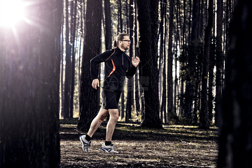 在森林中奔跑闲暇行动肌肉运动速度训练跑步身体运动员火车图片