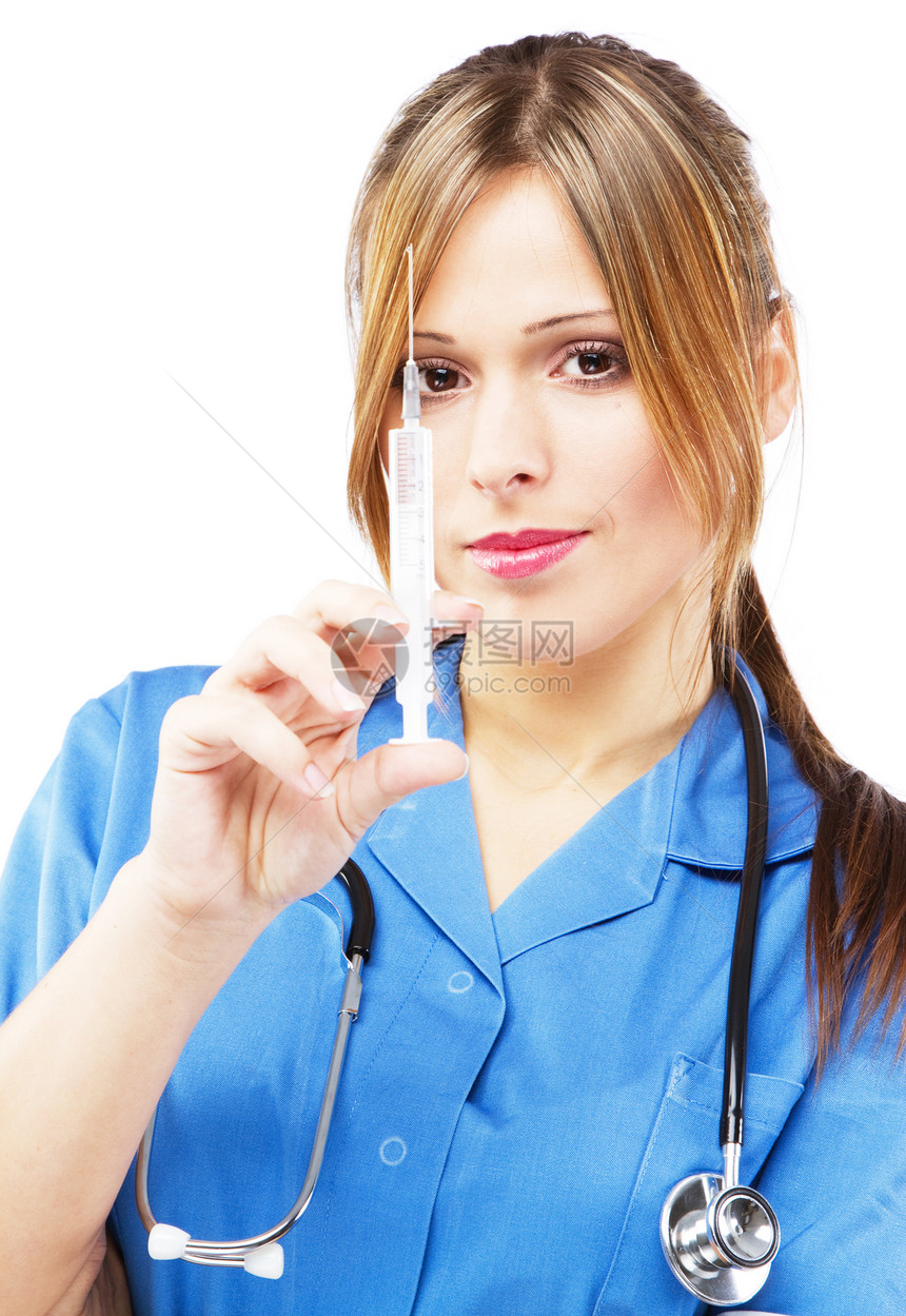 白色背景的友善护工保健诊所女孩工人女士医生卫生专家蓝色注射器图片
