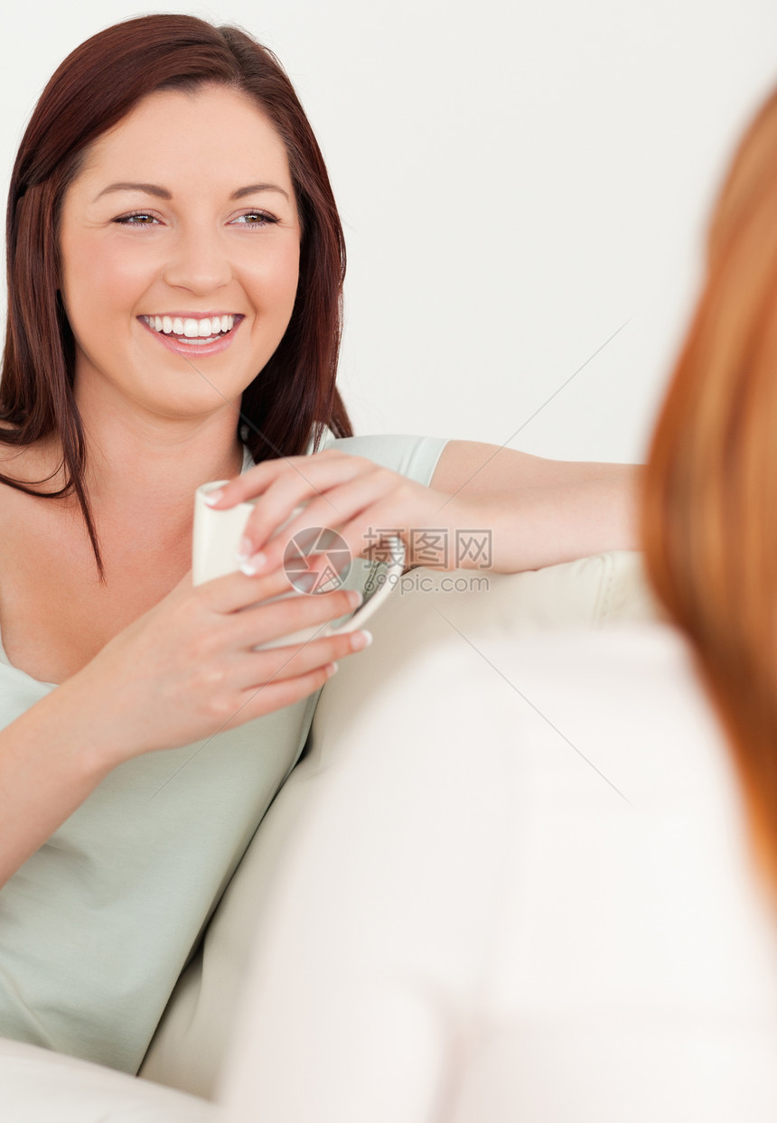 坐在沙发上带杯子的快乐女人幸福朋友们八卦咖啡乐趣女性会议沟通房间外表图片