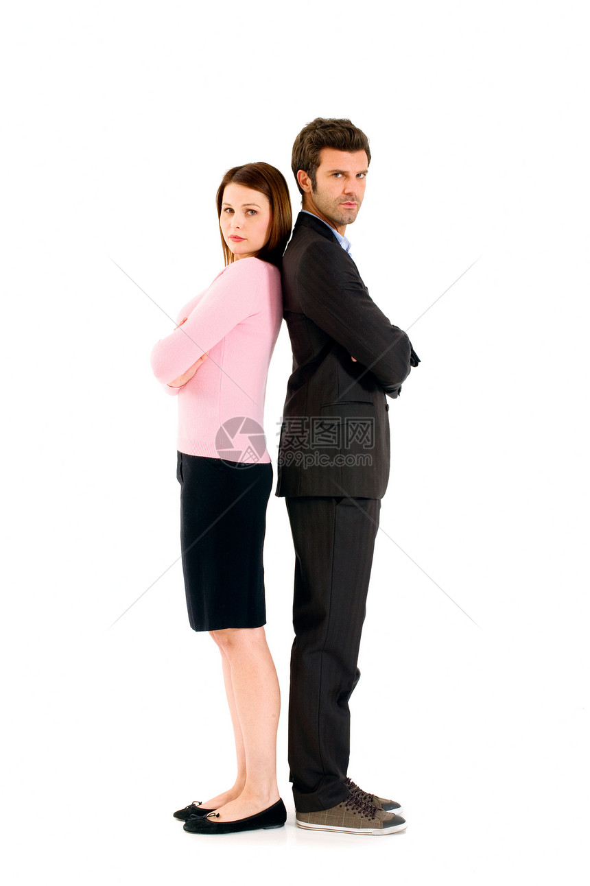 几对背靠背站着异性夫妻竞争男人女士裙子样子两个人成年人异性恋图片